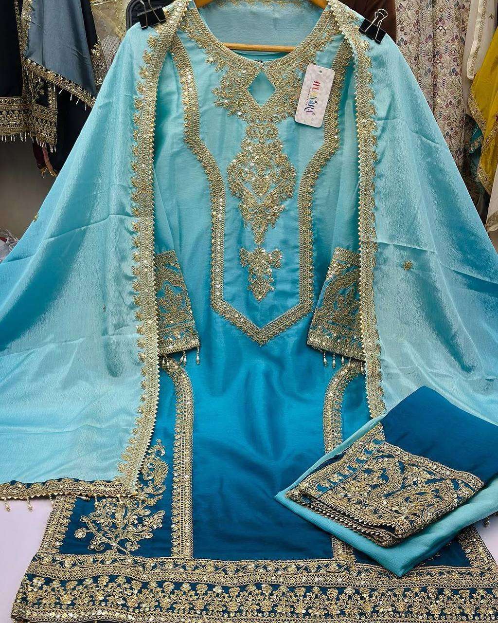 Women's Chinon Silk Embroidery Straight Pakistani Salwar Suit and Dupatta - Image 4